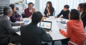 Leader coaching team member in focused one-on-one conversation demonstrating active listening and strategic questioning