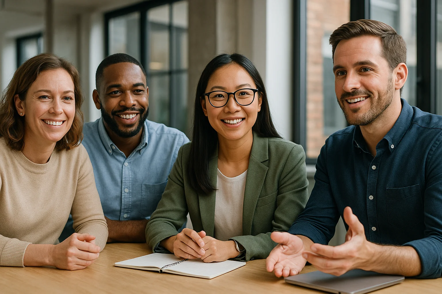 Diverse team in open candid discussion with leader encouraging honest communication in workplace