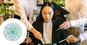 Leader balancing conversation with team member while reviewing task outcomes showing both people and results focus