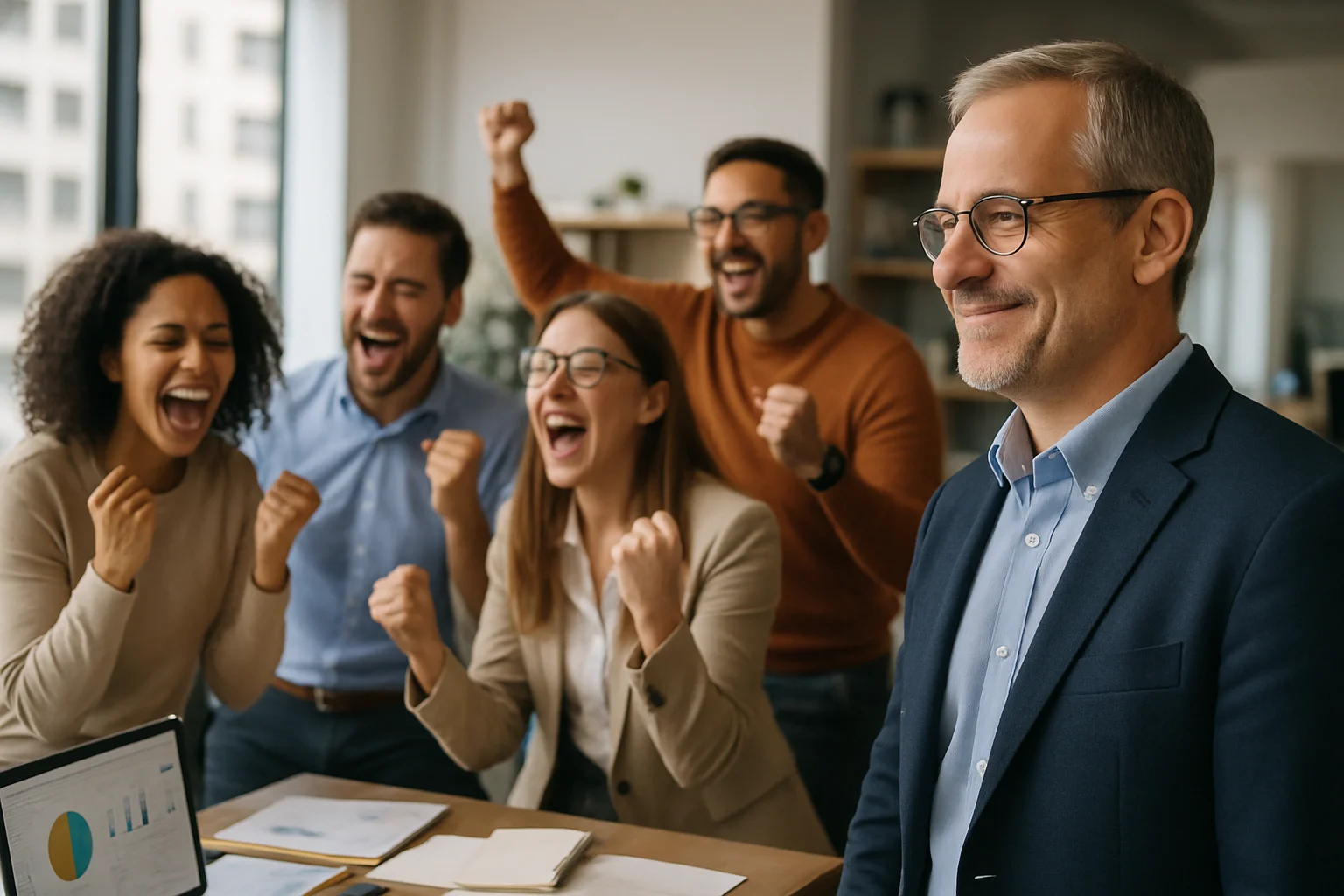 Confident professional surrounded by celebrating team reflecting leadership identity transition from maker to multiplier