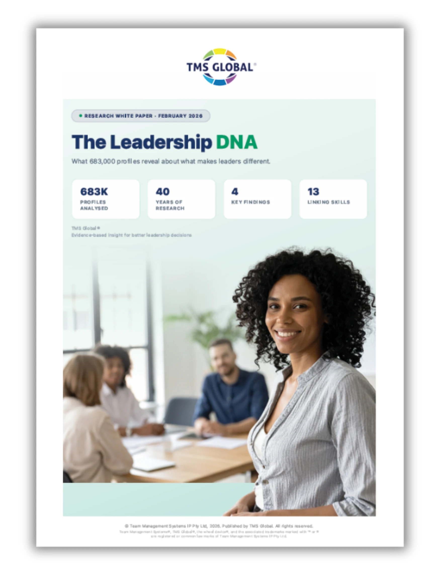 Leadership DNA whitepaper cover - TMS Global research identifying five distinctive characteristics common to leaders
