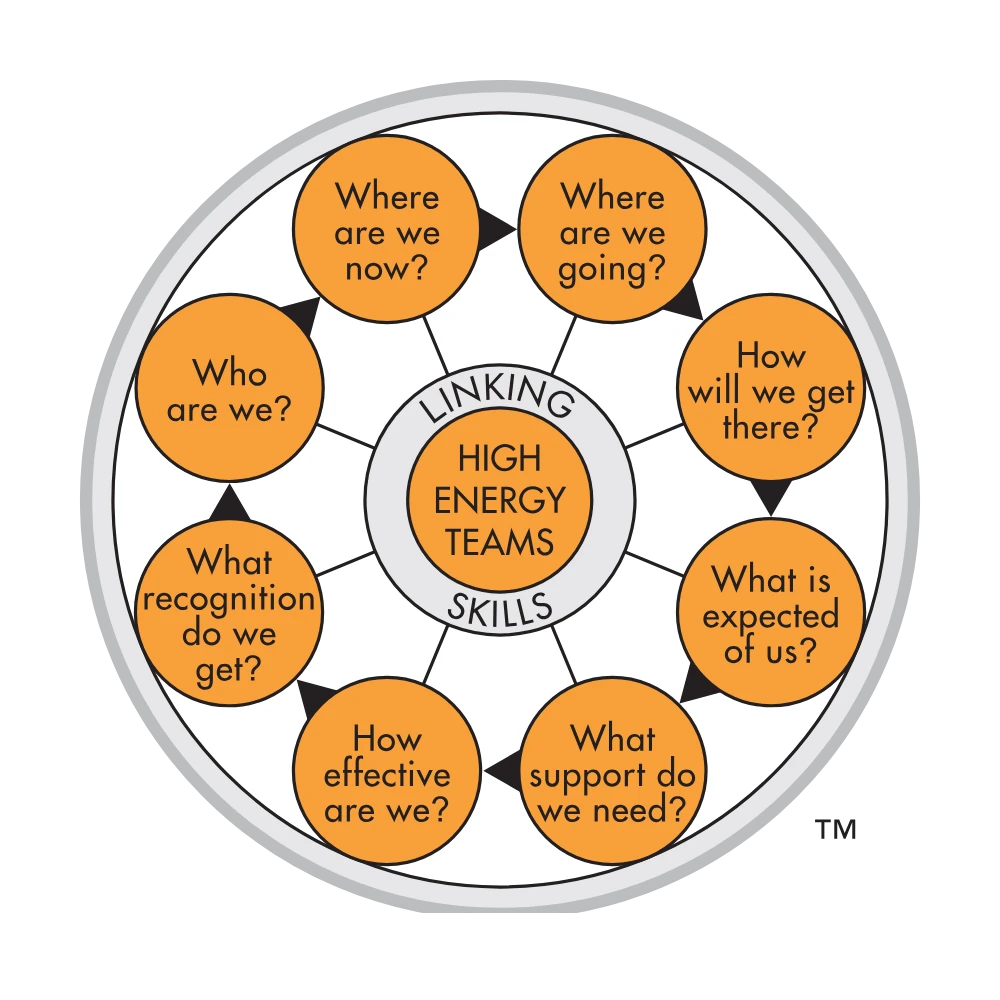 TMS Global High-Energy Teams Model showing the eight strategic questions every high-performing team must answer