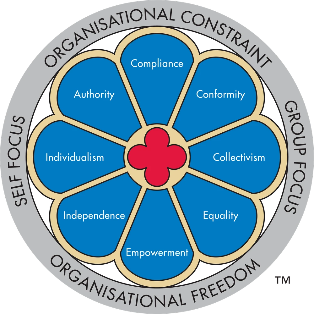 TMS Global Window on Work Values Model showing the eight value types arranged by self-group and organisational constraint-freedom axes